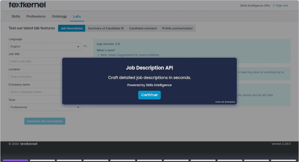 An animated image of Job Description API, Textkernel's AI-powered recruitment software, on the job application page.