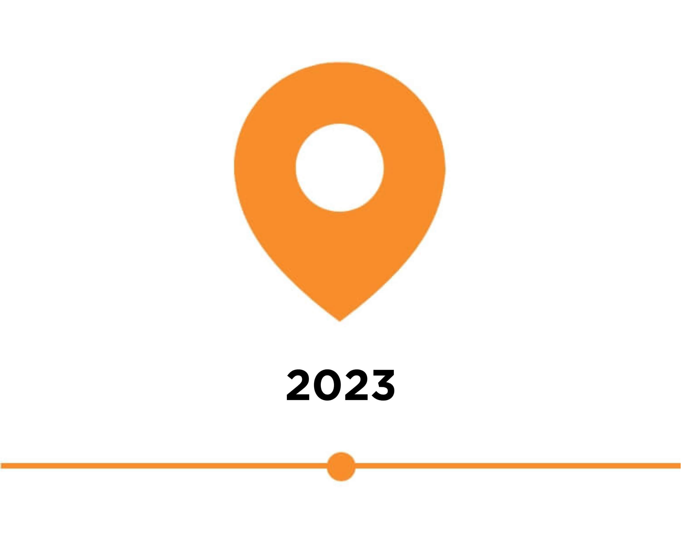 A map pin featuring the year "2023," symbolizing a significant milestone in Textkernel's history.