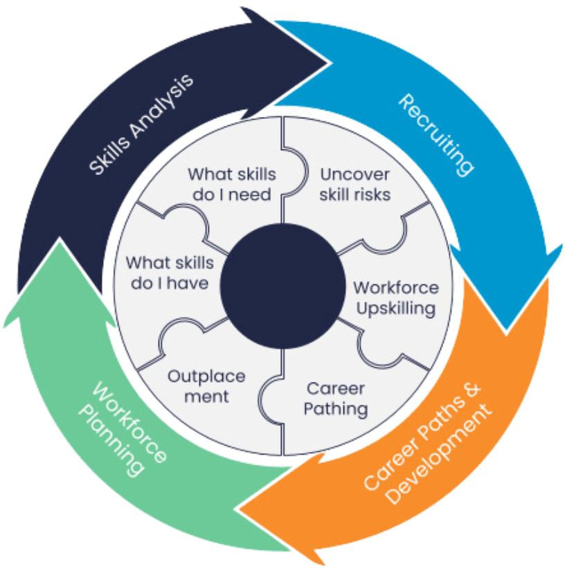 Diagram depicting the phases of skills development. From Skills analysis to recruiting, from career paths & development to workforce planning, emphasizing Textkernel's recruitment and talent management software.